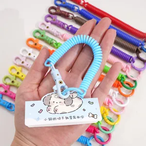 Close-up of colorful spiral stretch keychain with plastic lobster clasp and cute dog card