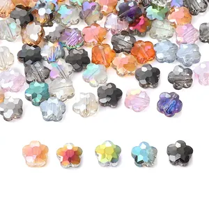 Macro detail of 10mm flower crystal beads with multifaceted rainbow finish for DIY jewelry