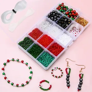 DIY Christmas jewelry making kit with glass seed beads and charms in a 15-grid storage box