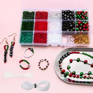 Christmas DIY Jewelry Making Kit Glass Seed Beads Polymer Clay Beads Set With Storage Box Alloy Charms Elastic String For Handmade Bracelet Necklace Earrings Gift