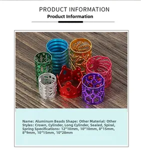 Macro detail of various colorful crown-shaped aluminum dreadlocks beads and hair jewelry cuffs