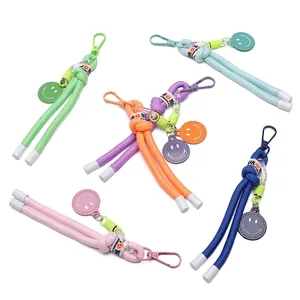 Colorful nylon woven smiley face keychains with alloy lobster clasps in various vibrant colors