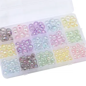 Rainbow acrylic faceted round beads kit in a 15-grid organizer for DIY crafts