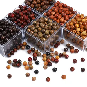 Detailed view of 8mm natural wooden beads set in various wood tones and acrylic storage box