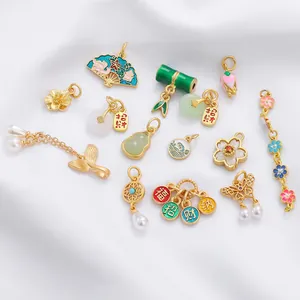 DIY gold-plated Chinese lucky charms collection with fan, gourd and fish tail pendants