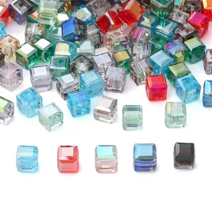 Square Glass Cube Loose Beads Faceted AB Plated Aurora Effect Crystal Beads For DIY Jewelry Making Necklace Bracelet Women Craft