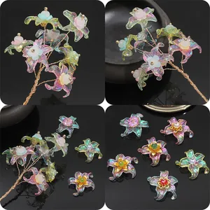 Iridescent flower hairpins with gold wire and translucent resin petals for Hanfu style