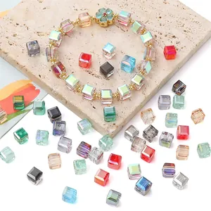 Colorful cube crystal glass beads for DIY jewelry making with gold flower pendant