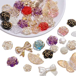 Kit bijoux DIY avec perles roses acryliques et pendentifs dorés pour bijoux de portable