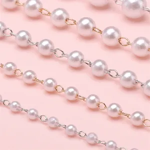 Polished ABS white pearl beads with gold and silver metal chain links for DIY accessories