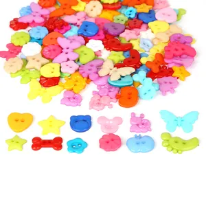 Close-up of colorful heart and star shaped plastic buttons for DIY sewing and crafts