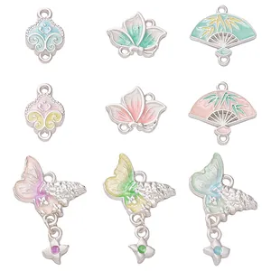 Nine-piece set of silver-toned alloy pendants with colorful enamel oil designs for DIY jewelry