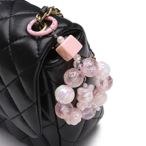 Pink 25mm polka dot alloy keychain with acrylic bear charms and beads for bag decor