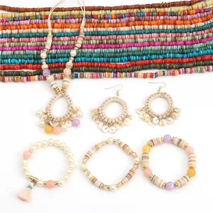 Bohemian jewelry set with shell beads necklace, tassel bracelets and round earrings
