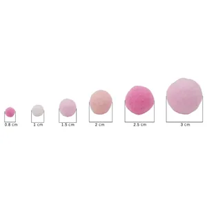 Size comparison of pink DIY pom-poms ranging from 0.8cm to 3.0cm on a white background