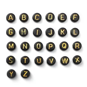 Acrylic 4x7mm black round alphabet beads with gold letters for DIY jewelry making