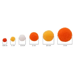 Tableau comparatif des tailles de pompons en peluche de 0,8 cm à 3 cm pour DIY