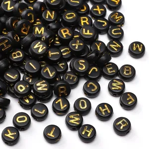 DIY acrylic 4x7mm black flat round beads with gold letters for handmade jewelry crafting