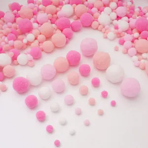 Pink and white elastic plush pompoms for DIY crafts in various sizes from 5mm to 30mm