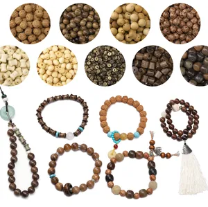 Detailed macro view of natural sandalwood beads and handcrafted ethnic Buddhist bracelets