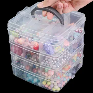 Caja organizadora transparente de tres niveles con asa para joyas y almacenamiento