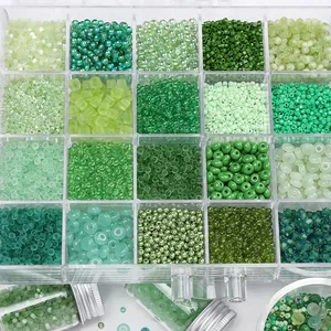 Green glass seed beads DIY set in 24-compartment storage box for handmade jewelry