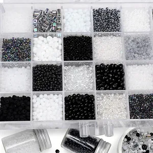 DIY jewelry making kit with 2-4mm black and white glass seed beads in storage box