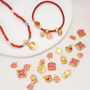 Close-up of red and gold Chinese zodiac charms and beaded jewelry set for DIY crafts