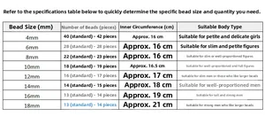 Size chart showing bead diameter, count, and wrist fit for natural agate bracelets