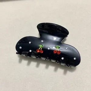Eleganter schwarzer Kirsch-Haarclip mit roten und grünen Strasssteinen für Damen
