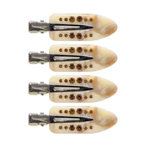 Set of 4 beige marble resin hair clips with brown rhinestones and silver metal duckbill base