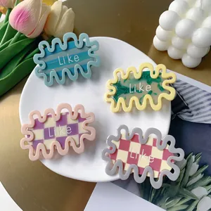 Romantic Geometric Wave Acetate Hair Clip Checkerboard Marbling Like Letter Side Duckbill Clip Accessory For Women Fashion Jewelry
