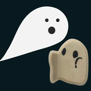 Close-up of cream white ghost-shaped resin wall hook with minimalist face on blue background