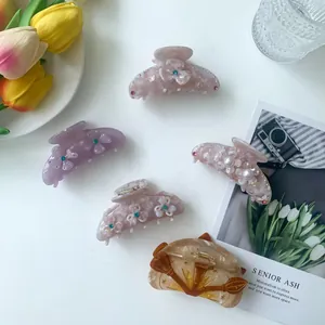 Elegant Acetate Hair Claw Clips For Women French Vintage Marble Large Shark Clips With Artificial Pearl Rhinestone Flower Design