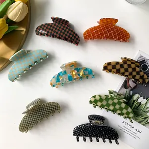 Large Acetate Checkerboard Hair Claw Clip Retro Vintage Style Shark Clip For Thick Hair Women Fashion Hair Accessories