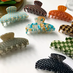 9cm acetate hair claw clips set in checkered and retro patterns for thick hair