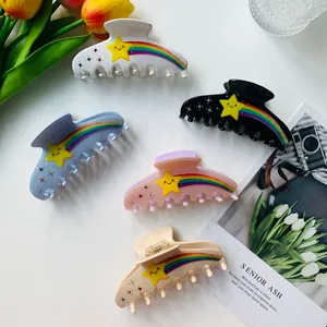 Molla per Capelli in Acetato Stella Arcobaleno Con Strass Grande Cartone Animato Viso Sorridente Accessori per Capelli Donna