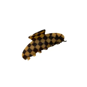 Large 9cm brown and cream checkered acetate hair claw clip for thick hair styling