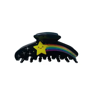 Pinza per capelli a stella nera con arcobaleno colorato e design a volto sorridente