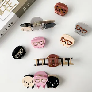 Cute acetate dog hair claw clip with glasses for women in minimalist cartoon style