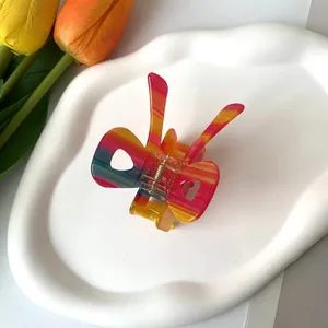 Vue détaillée de la pince à cheveux papillon colorée avec motifs arc-en-ciel