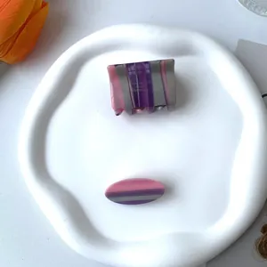 Pink and purple striped acetate hair claw clip and barrette set for women