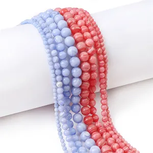 Multiple sizes of blue and red striped synthetic stone round beads for DIY jewelry making
