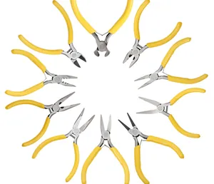 Set of 10 assorted mini DIY jewelry pliers with ergonomic yellow non-slip handles