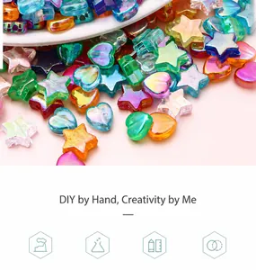 Macro detail of iridescent acrylic beads in heart and star shapes for DIY jewelry making