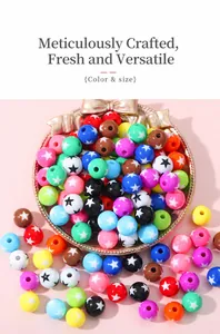 Macro shot of colorful acrylic beads with star patterns for DIY jewelry making