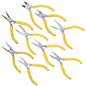 Set of 8 precision jewelry pliers with yellow non-slip handles on a white background