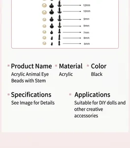 Tabla comparativa de tamaños para ojos de muñeca de acrílico negro de 5mm a 12mm para DIY