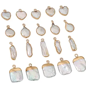 Natural freshwater baroque pearl pendants in heart and drop shapes with gold-plated edges