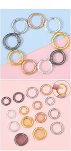 Detail view of round metal spring gate rings in multi-color finishes for DIY bag accessories